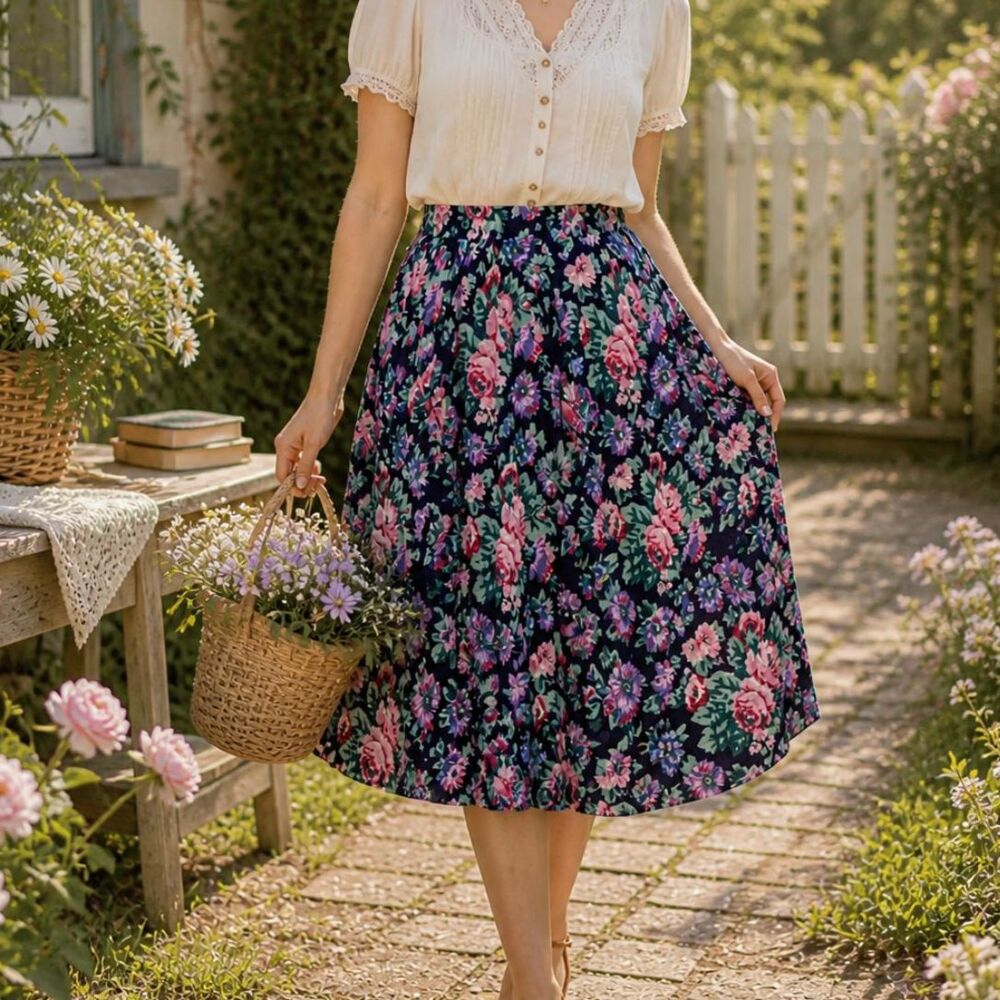 Vintage 90s Floral Midi Skirt M/L Cottagecore Prairie Romantic Whimsigoth Rayon